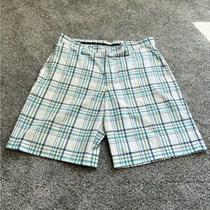 Classic Plaid Flat Front Shorts - Blue and Green
